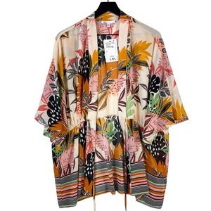 NWT DR2 Daniel Rainn (XS/S) Kimono Cardigan Sweater Tropical Leaves Beige Pink